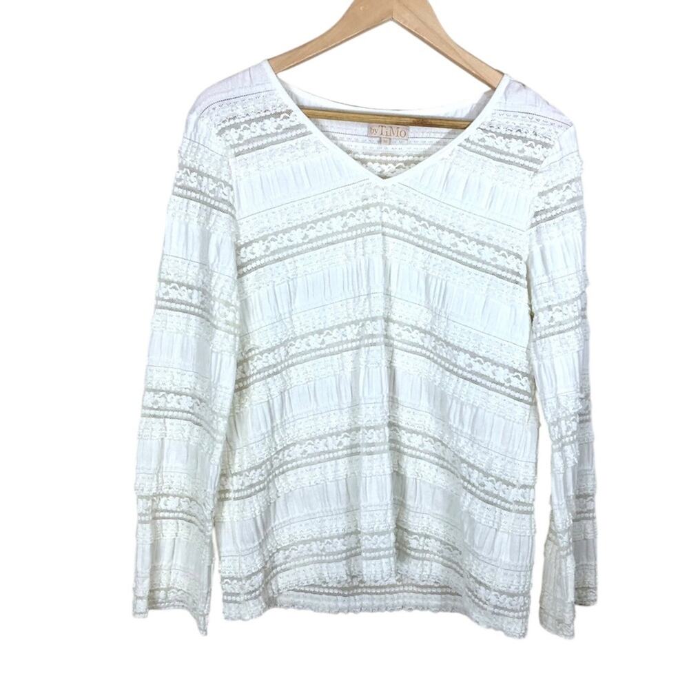 By Timo Romantic White Lace V-Neck Long Sleeve Blouse Size Medium
